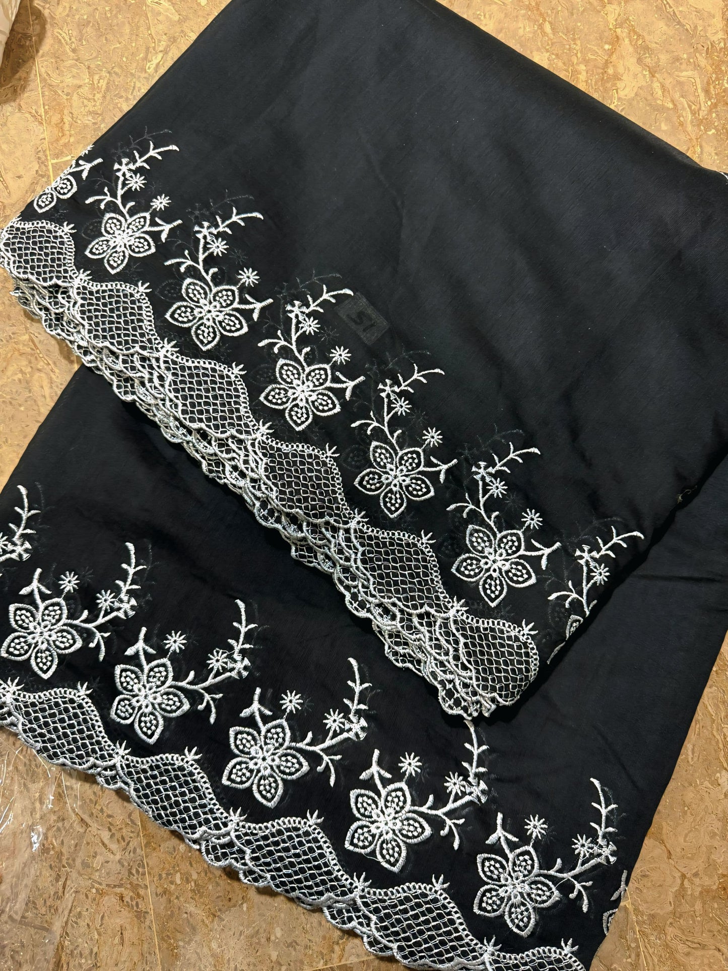 Black Voile Lawn Scallop Dupatta with White Embroidery
