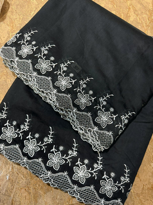 Black Voile Lawn Scallop Dupatta with White Embroidery