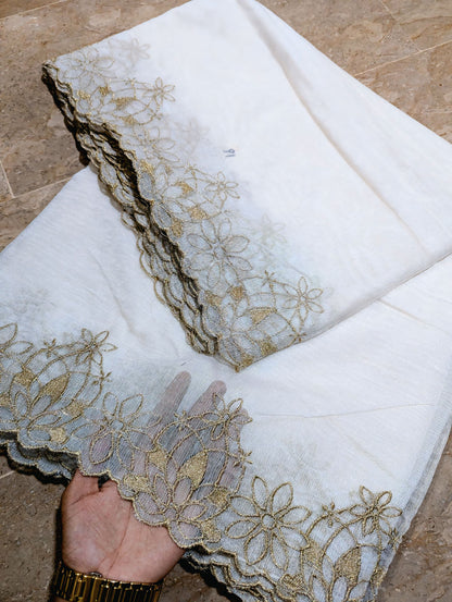 White Embroidered Cutwork Dupatta on Khadi Net with Golden – Dyable