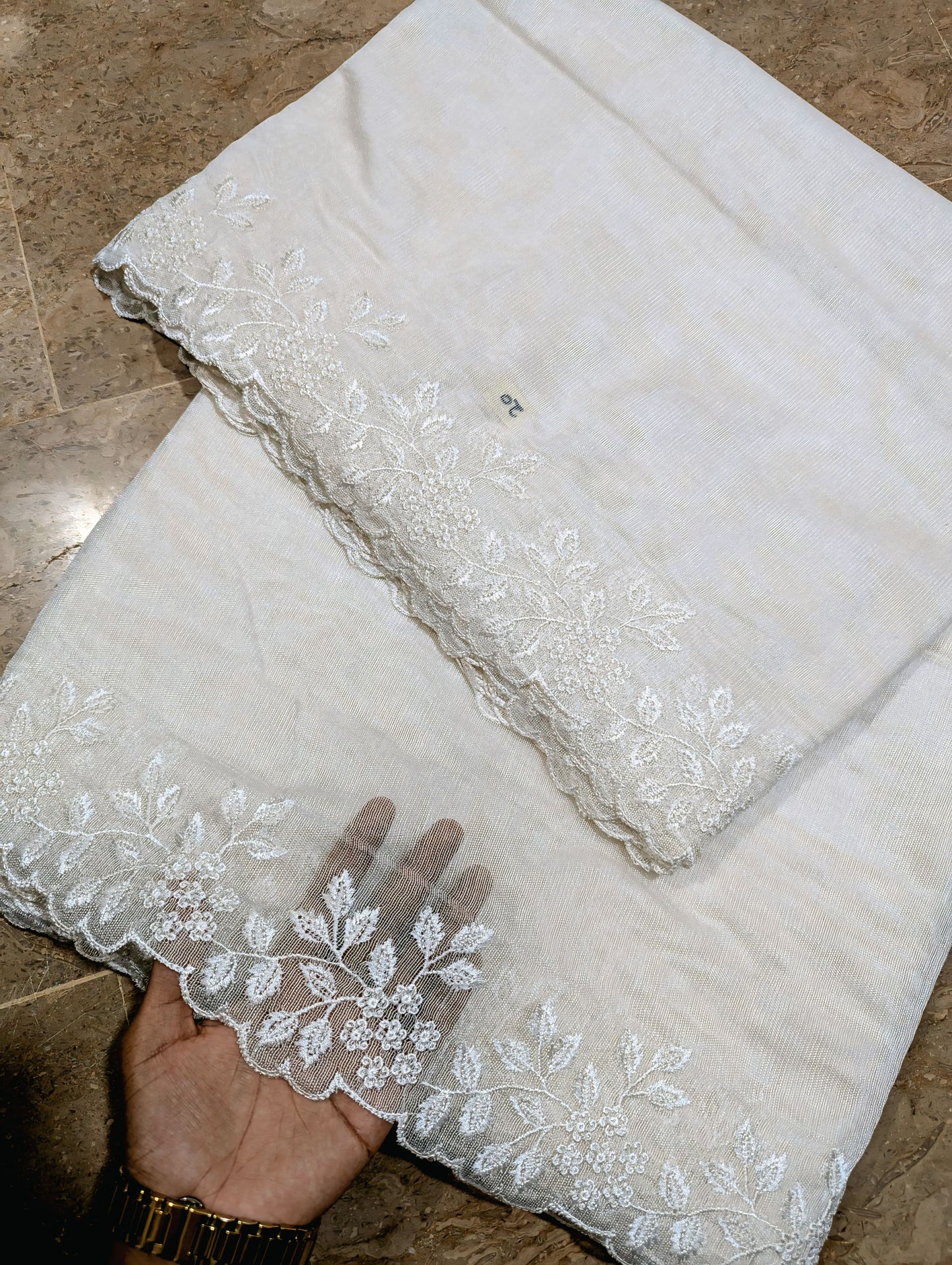White Khadi Net Scallop Dupatta – Dyable, Viscose Embroidery