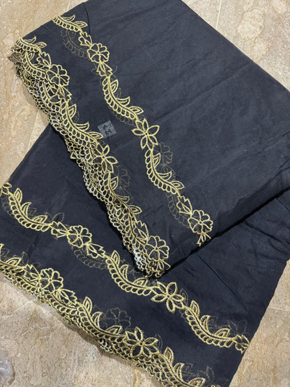 Black Voile Lawn Scallop Dupatta with Golden Embroidery