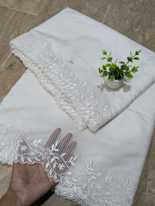 White Organza Scallop Dupatta with Self Lining & White Viscose Embroidery – Dyeable
