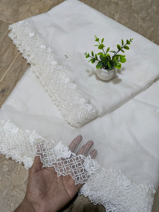 White Organza Scallop Dupatta with Self Lining & White Viscose Embroidery – Dyeable