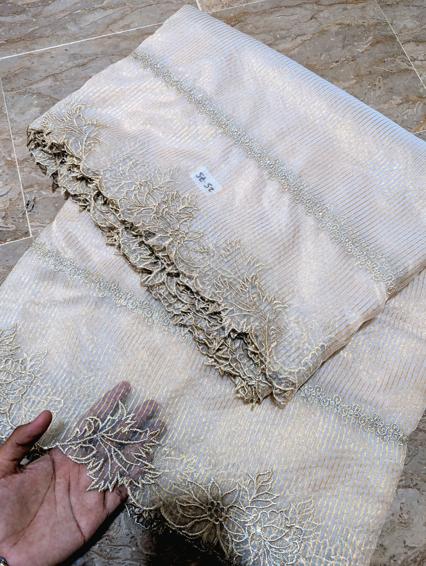 Dyeable White Organza Scallop Dupatta with Golden Zari Embroidery – Self-Lining