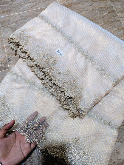 Dyeable White Organza Scallop Dupatta with Golden Zari Embroidery – Self-Lining