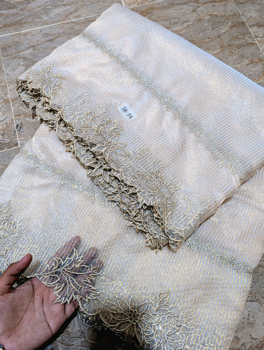 Dyeable White Organza Scallop Dupatta with Golden Zari Embroidery – Self-Lining