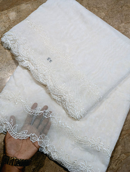 White Khadi Net Scallop Dupatta – Dyable, Viscose Embroidery