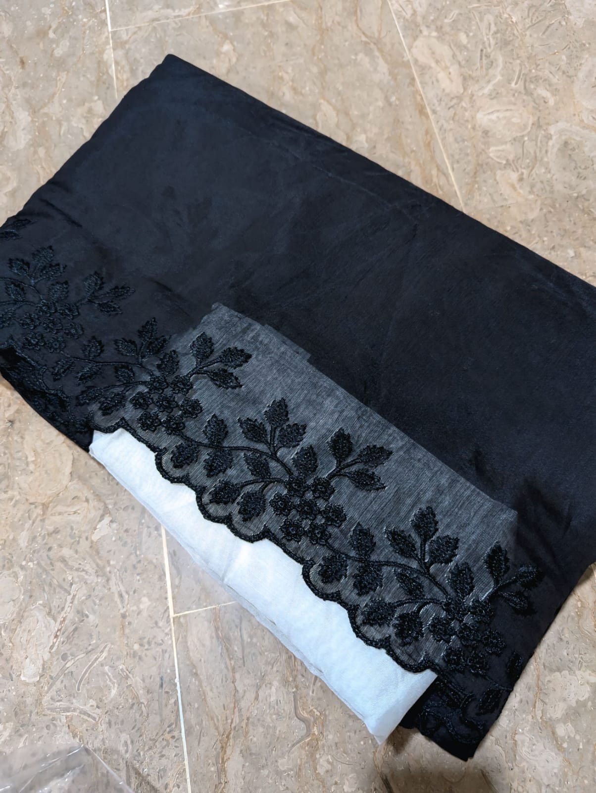 Scallop Embroidered Black Voile Lawn Dupatta – Premium Quality