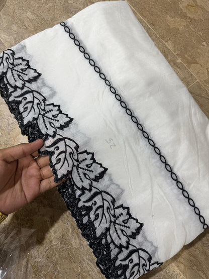 Dyeable White Voile Lawn Scallop Dupatta with Black Embroidery