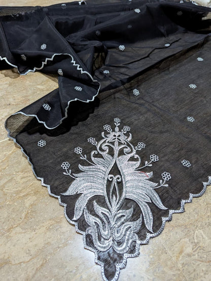 Black Voile Lawn 4-Sided Scallop Dupatta with Silver Zari Embroidery