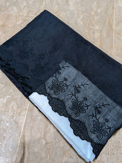 Black Voile Lawn Scallop Embroidered Dupatta