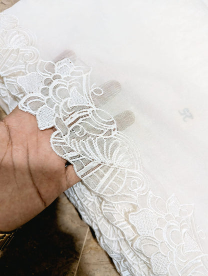 White Voile Lawn Scallop Dupatta with White Viscose Embroidery – Dyeable