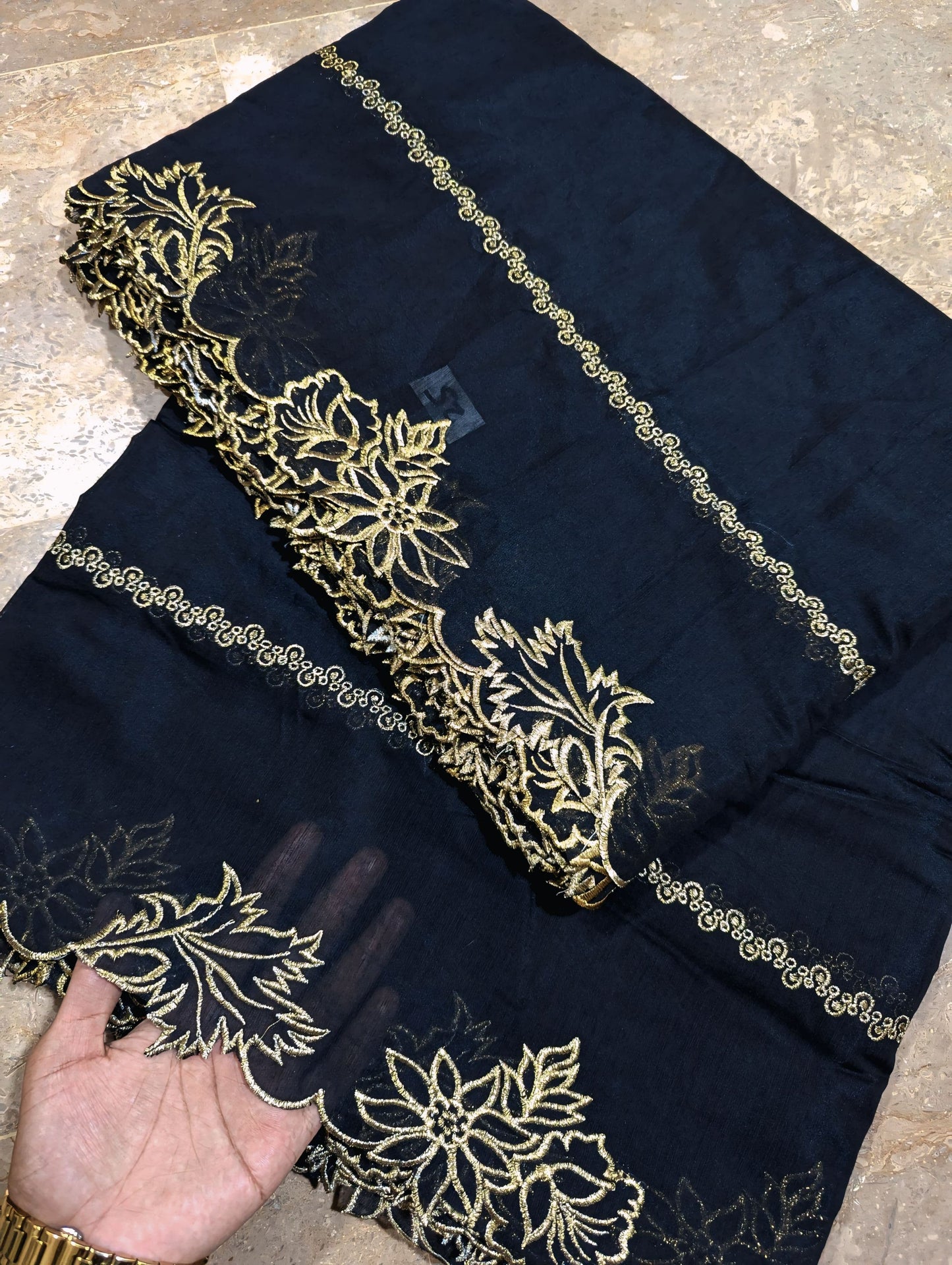 Black Voile Lawn Scallop Dupatta with Golden Embroidery