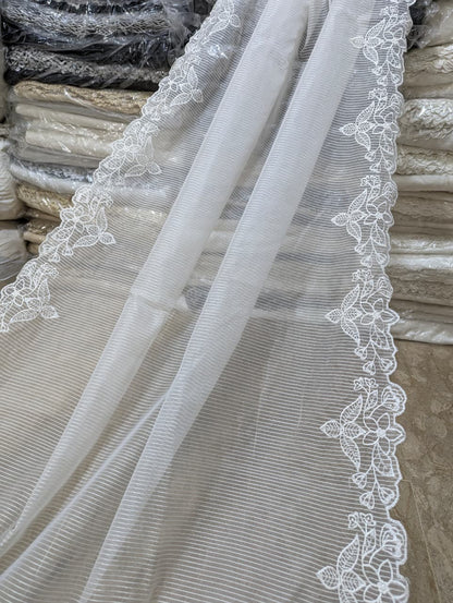 White Organza Scallop Dupatta with Self Lining & White Viscose Embroidery – Dyeable