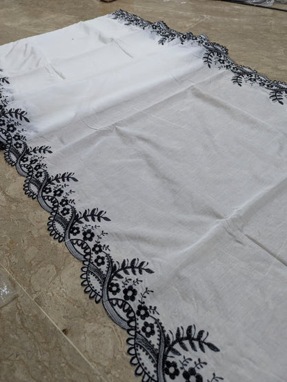Voile Lawn Scalloped Dupatta with Black Embroidery – Badar and Sons #208