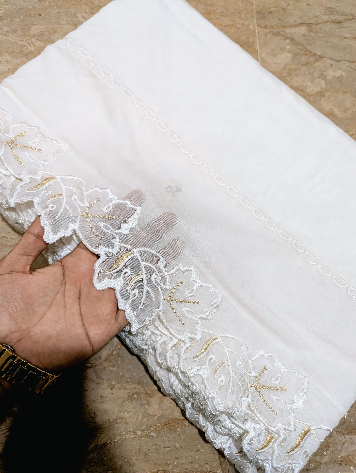 White Voile Lawn Scallop Dupatta with White & Golden Two-Tone Embroidery – Dyeable