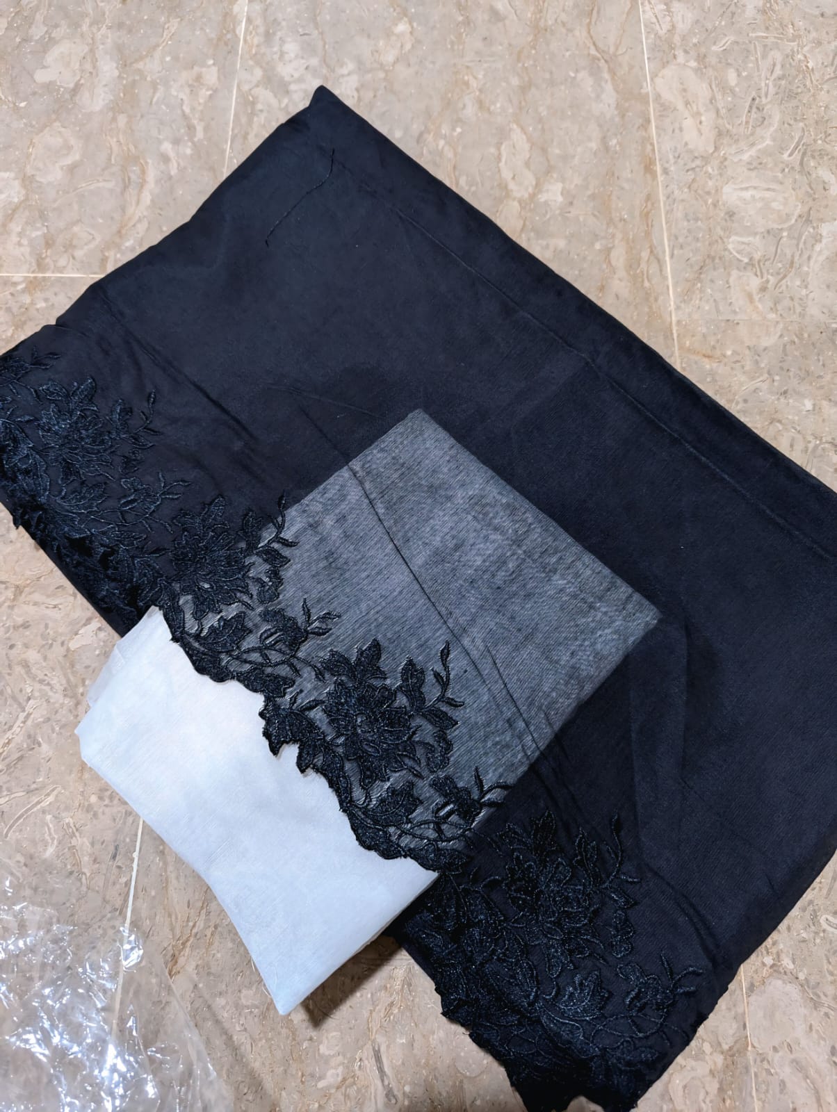 Black Voile Lawn Scallop Embroidered Dupatta