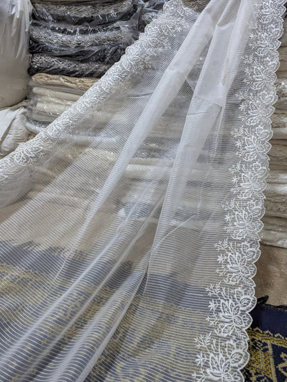 White Organza Scallop Dupatta with Self Lining & White Viscose Embroidery – Dyeable