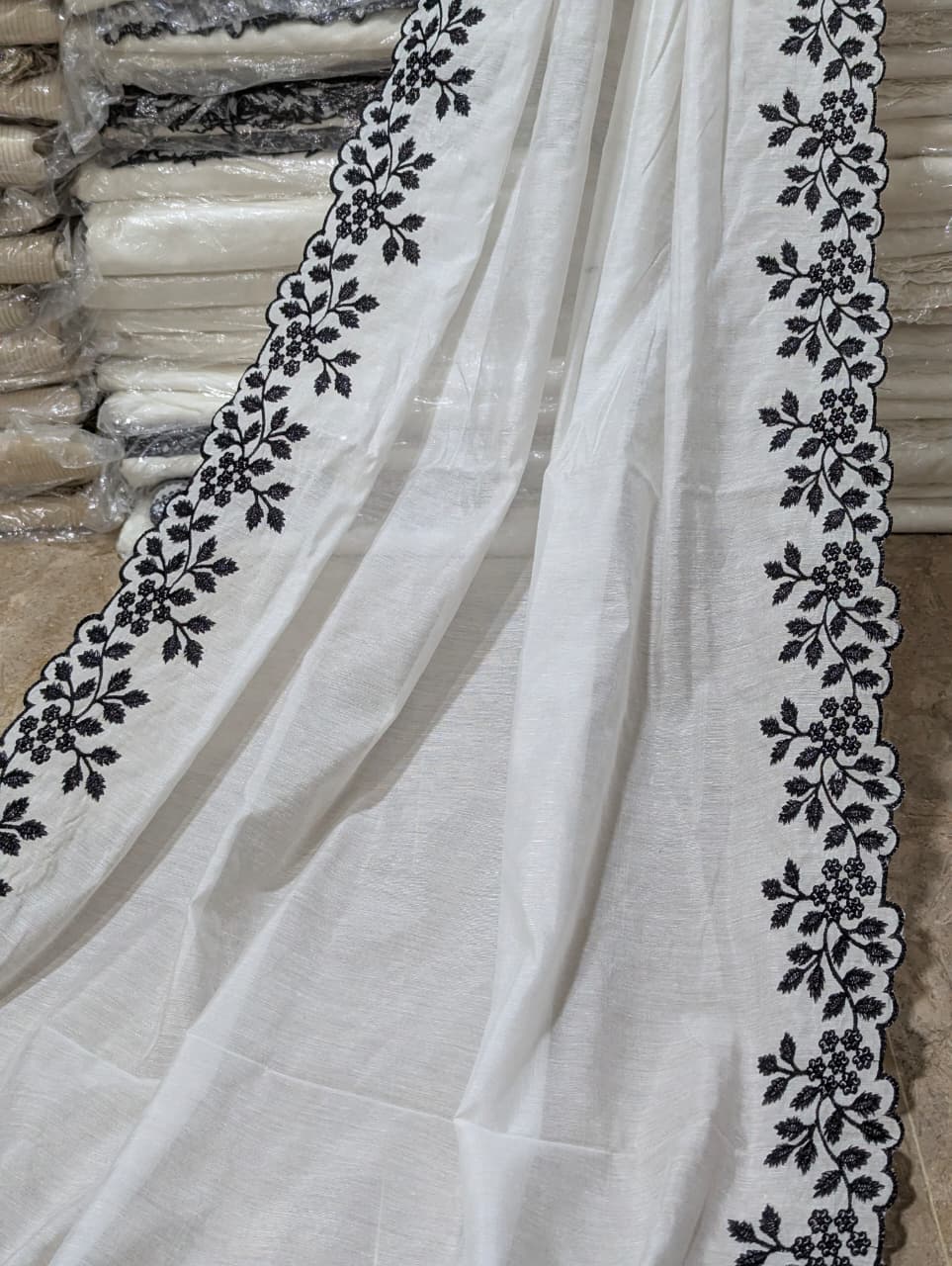 Voile Lawn Scalloped Dupatta with Black Embroidery – Badar and Sons #175