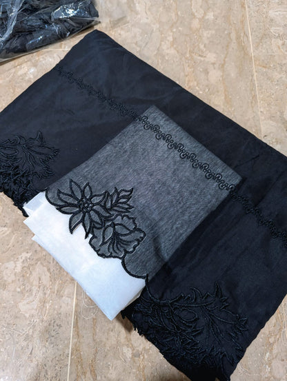 Black Voile Lawn Scallop Embroidered Dupatta