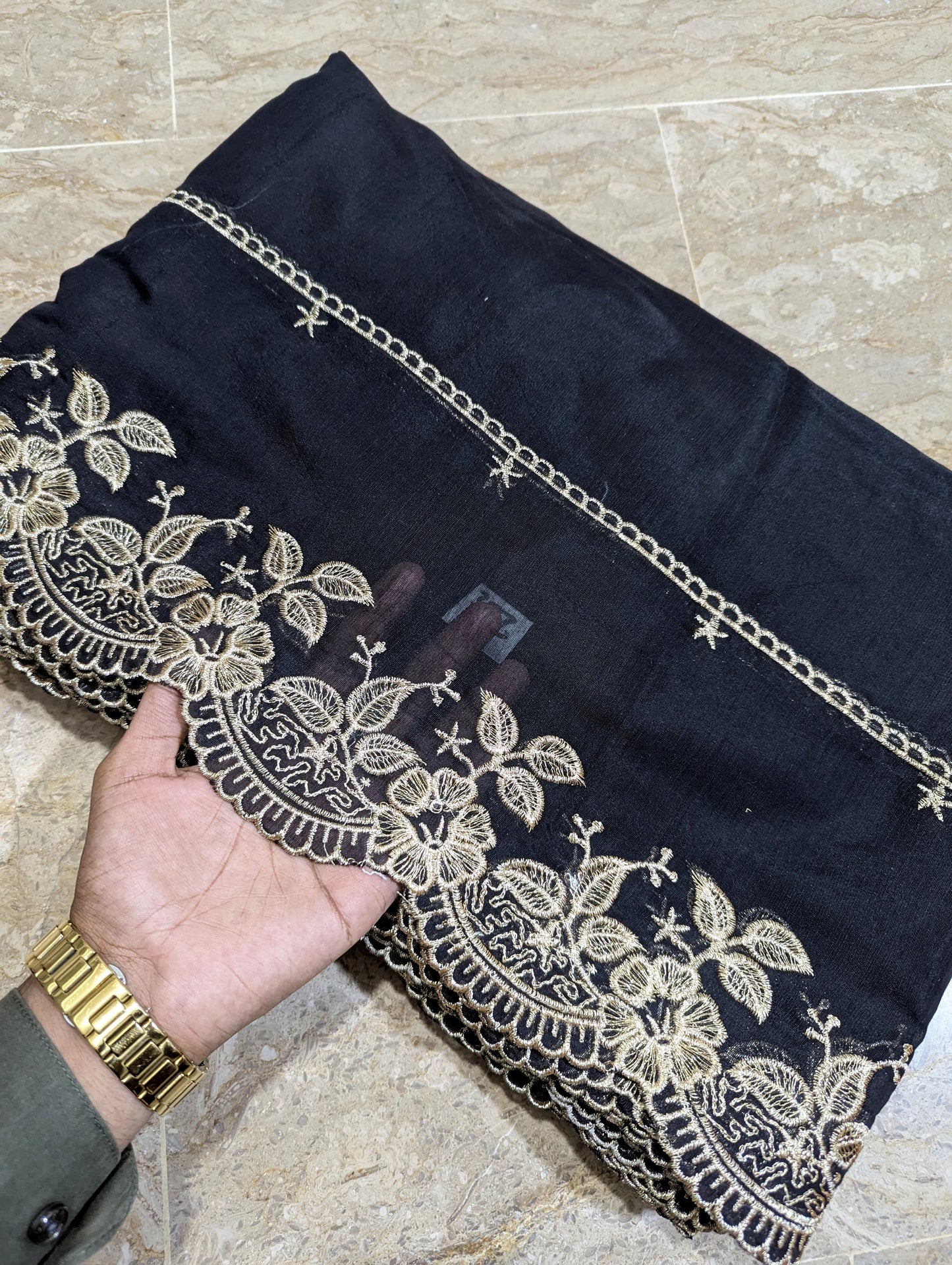 Black Voile Lawn Scallop Dupatta with Golden Embroidery