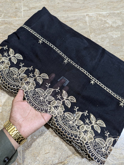 Black Voile Lawn Scallop Dupatta with Golden Embroidery