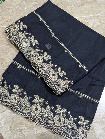 Black Voile Lawn Scallop Dupatta with Golden Embroidery
